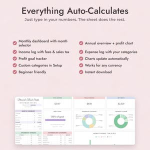 Może przedstawiać: Cyfrowy szablon arkusza kalkulacyjnego do księgowości z tekstem Everything Auto-Calculates. Interfejs zawiera miesięczny pulpit nawigacyjny, rejestry przychod&oacute;w i wydatk&oacute;w, śledzenie cel&oacute;w zysku oraz r&oacute;żne wykresy finansowe.