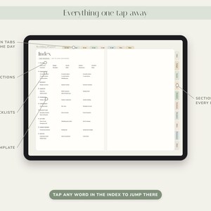 May include: A digital wedding planner displayed on a tablet screen featuring an index page with nine sections, eight checklists, and countdown tabs for 12 months. The interface includes side navigation tabs and text stating Everything one tap away.