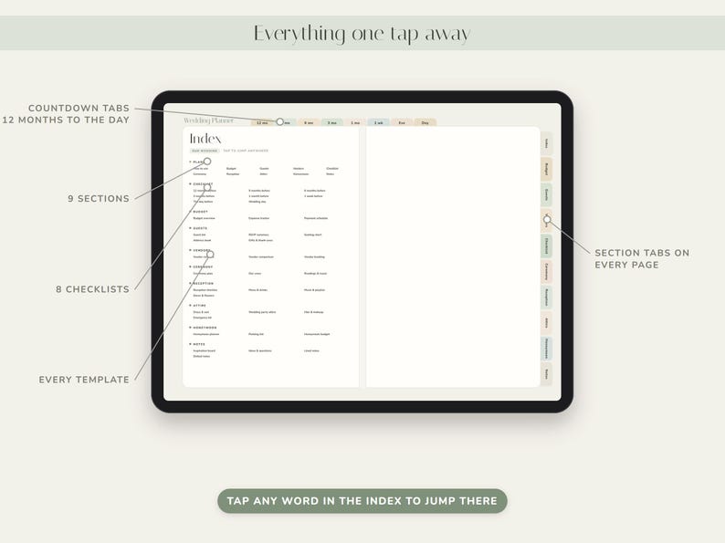 May include: A digital wedding planner displayed on a tablet screen featuring an index page with nine sections, eight checklists, and countdown tabs for 12 months. The interface includes side navigation tabs and text stating Everything one tap away.