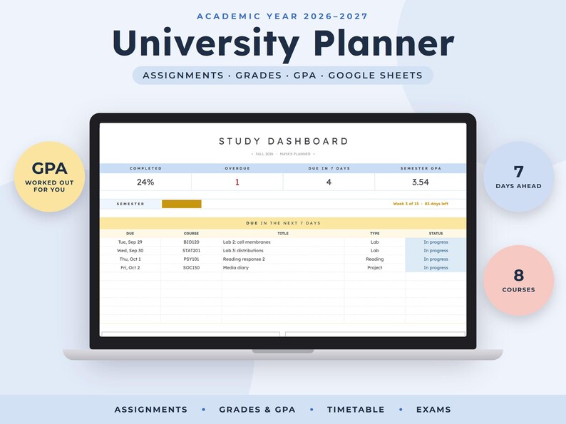 May include: A digital university planner displayed on a laptop screen, featuring a study dashboard with sections for assignments, grades, and GPA. The interface includes text for the academic year 2026-2027, course lists, and status updates.
