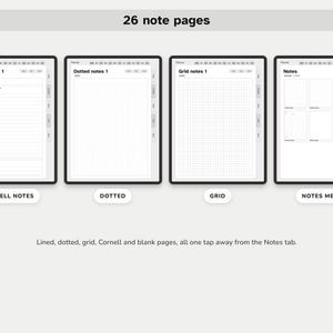 May include: A digital planner interface displaying 26 note pages with four distinct layouts: Cornell notes, dotted, grid, and a notes menu. Each page features a clean white background with black text and lines, organized for efficient note-taking.