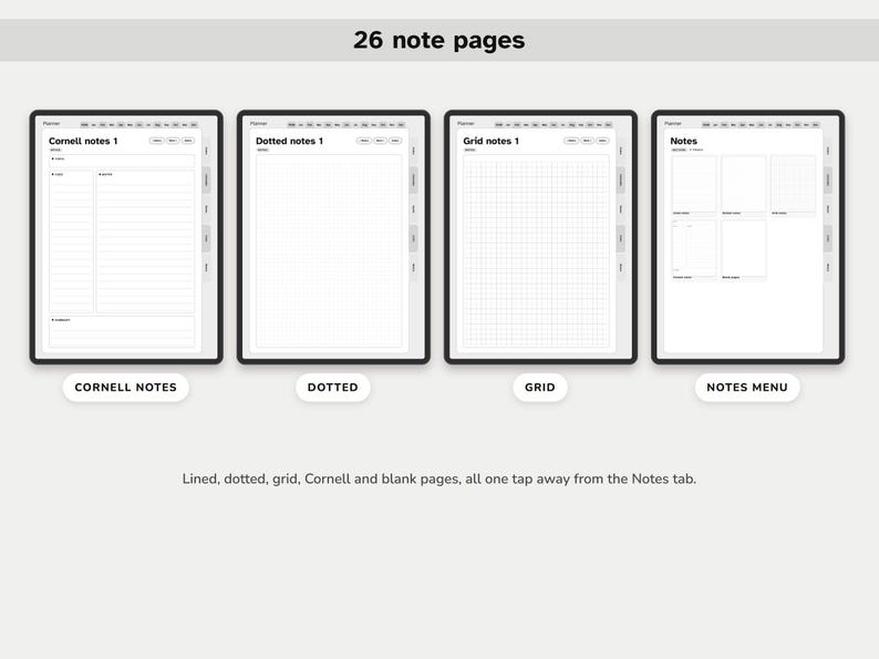 May include: A digital planner interface displaying 26 note pages with four distinct layouts: Cornell notes, dotted, grid, and a notes menu. Each page features a clean white background with black text and lines, organized for efficient note-taking.