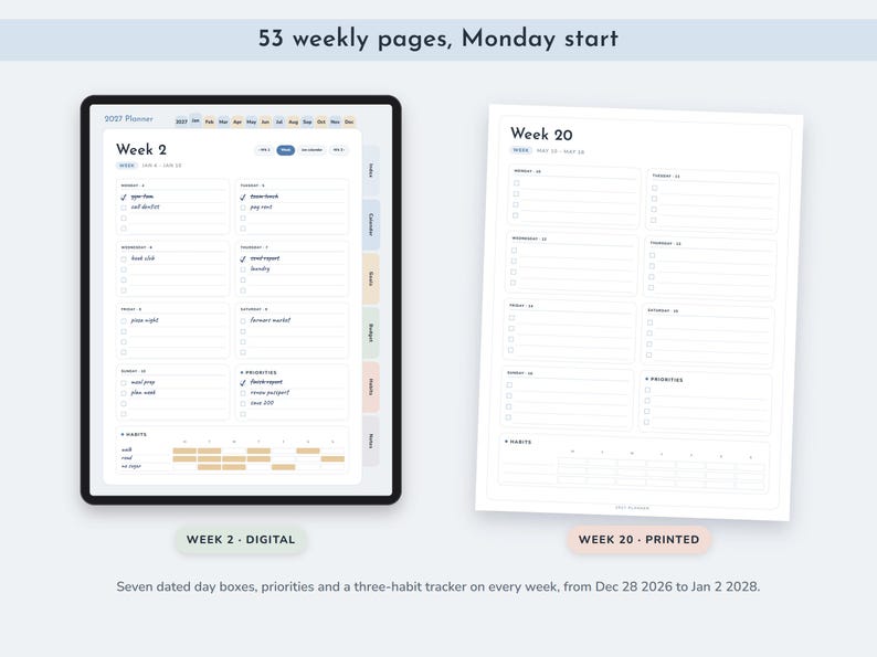 2027 Printable Planner, Monthly Weekly Calendar Pages, US Letter PDF plus Hyperlinked Digital Version image 3