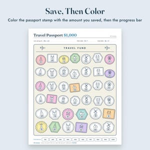 May include: A printable savings tracker titled Travel Passport $1,000 with the text Save, Then Colour. The sheet features a grid of various travel-themed stamps with numerical values and a progress bar at the bottom ranging from 100 to 1,000.