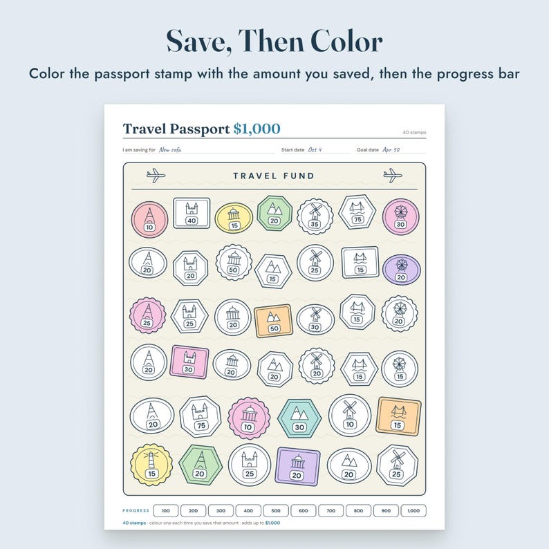 May include: A printable savings tracker titled Travel Passport $1,000 with the text Save, Then Colour. The sheet features a grid of various travel-themed stamps with numerical values and a progress bar at the bottom ranging from 100 to 1,000.