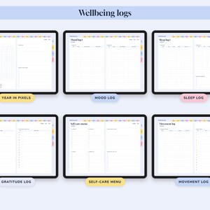 May include: A digital planner set titled Wellbeing logs featuring six tablet screens displaying templates for Year in pixels, Mood log, Sleep log, Gratitude log, Self-care menu, and Movement log with colorful side tabs and white grid layouts.