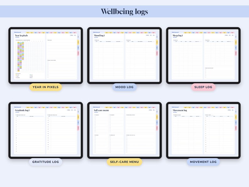 May include: A digital planner set titled Wellbeing logs featuring six tablet screens displaying templates for Year in pixels, Mood log, Sleep log, Gratitude log, Self-care menu, and Movement log with colorful side tabs and white grid layouts.