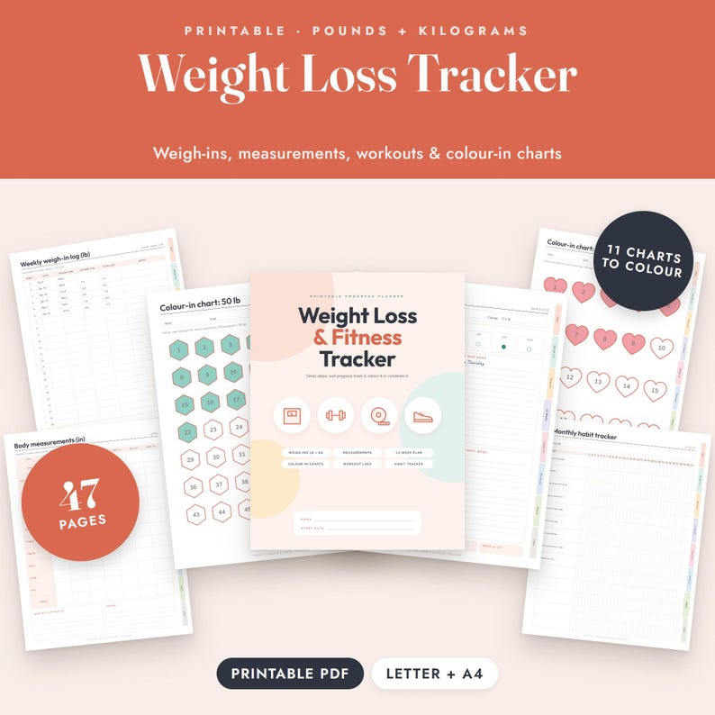 Op de afbeelding: Een printbare gewichtsverlies- en fitnesstracker PDF-set van 47 pagina's, inclusief wekelijkse weeglogboeken, lichaamsmaattabellen, work-out trackers en 11 inkleur-grafieken met hart- en zeshoekontwerpen. De omslag toont de tekst Weight Loss & Fitness Tracker met iconen voor een weegschaal, halter, meetlint en schoen.