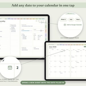 May include: A digital planner displayed on two tablets showing a daily schedule for Wednesday and a July 2026 monthly calendar. Features include an Add to Google Calendar button on daily pages and a calendar icon on every date of the monthly view.