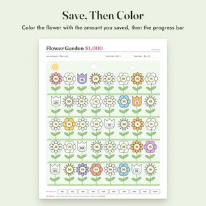 Plantilla imprimible para reto de ahorro: Rastreador de colores para jardín de flores, de 500 a 10000, tamaño carta A4 imagen 4
