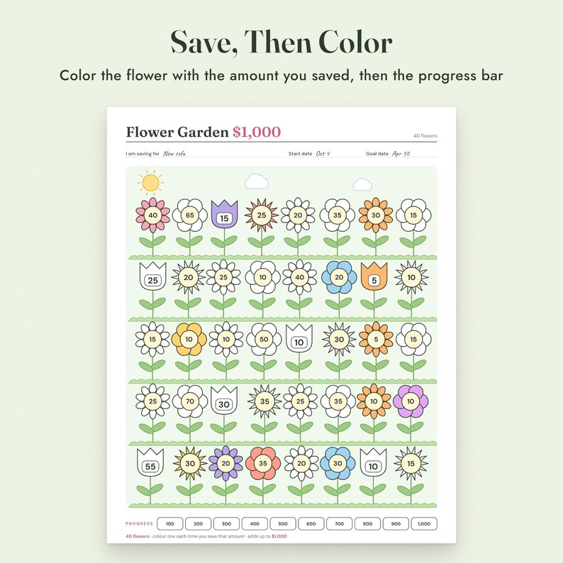 Plantilla imprimible para reto de ahorro: Rastreador de colores para jardín de flores, de 500 a 10000, tamaño carta A4 imagen 4