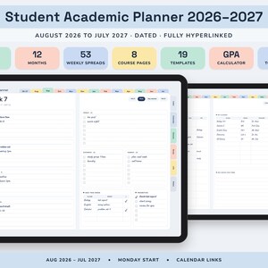 Academic Planner 2026 2027, Hyperlinked Digital Student Agenda with Assignment Tracker and GPA Calculator image 1