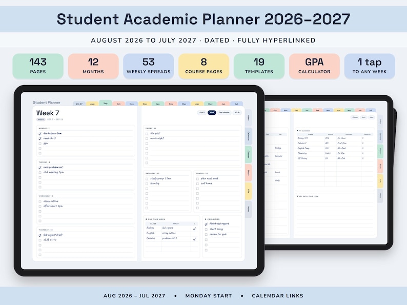 Academic Planner 2026 2027, Hyperlinked Digital Student Agenda with Assignment Tracker and GPA Calculator image 1