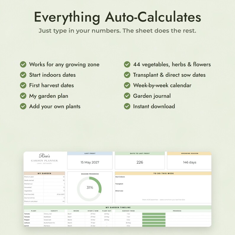 Seed Starting Calculator Google Sheets, Vegetable Garden Planner, Planting Calendar by Frost Date Bild 8