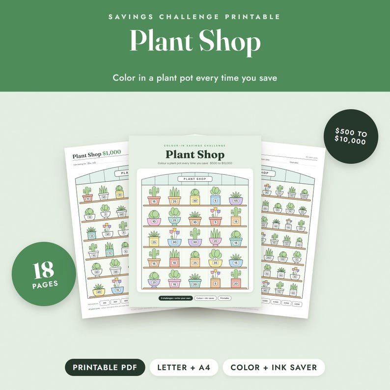 Savings Challenge Printable, Plant Shop Color In Tracker, 500 to 10000, Letter A4 image 1