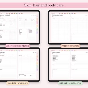 May include: A digital planner set for skin, hair, and body care featuring four tablet screens. The pages include sections for Skincare routine, Product inventory, Hair care, and Night routine with checkboxes, tables, and lined lists for tracking.