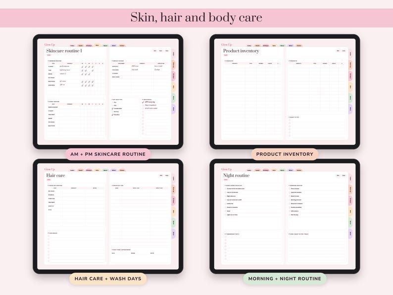 May include: A digital planner set for skin, hair, and body care featuring four tablet screens. The pages include sections for Skincare routine, Product inventory, Hair care, and Night routine with checkboxes, tables, and lined lists for tracking.