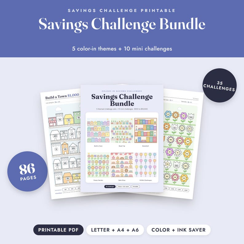 Savings Challenge Printable Bundle, 35 Color In Money Trackers, Mini Challenges, A6 Letter A4 image 1