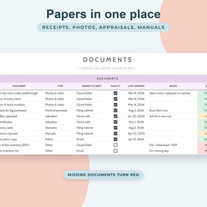 Foglio di calcolo per l'inventario domestico su Google Sheets, registro assicurativo, organizzatore per il trasloco, monitoraggio delle garanzie, elenco degli oggetti domestici immagine 8