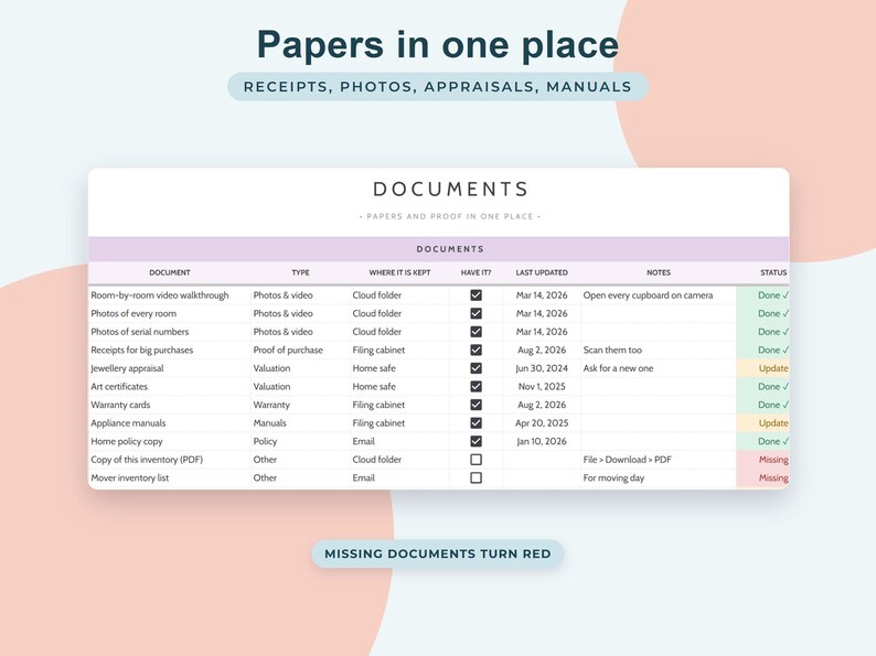 Foglio di calcolo per l'inventario domestico su Google Sheets, registro assicurativo, organizzatore per il trasloco, monitoraggio delle garanzie, elenco degli oggetti domestici immagine 8