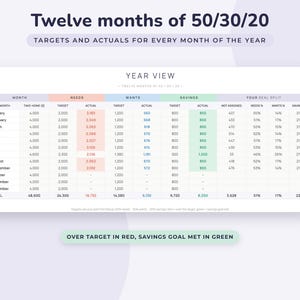 May include: A financial spreadsheet titled Twelve months of 50/30/20, Targets and actuals for every month of the year. The table displays monthly take-home pay, needs, wants, and savings targets versus actuals, with over-target values in red and savings goals in green.
