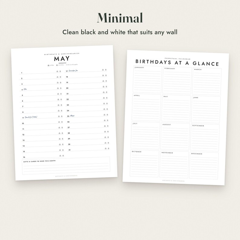 Birthday Calendar Printable, Perpetual Anniversary Calendar, 3 Styles, Monthly and One Page, Letter A4 imagen 5