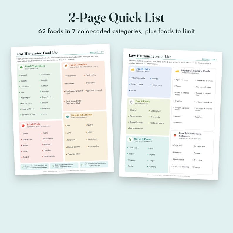Low Histamine Food List Printable, Histamine Diet Grocery List, Food Diary, Letter A4 imagen 4