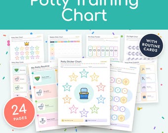 Könnte beinhalten: Ein druckbares Belohnungsplan-Set für das Töpfchentraining mit 24 Seiten voller Diagramme, Routinekarten und Urkunden. Das Set enthält bunte Sternendiagramme, Tracker für trockene Tage und Schritt-für-Schritt-Anleitungen mit Symbolen.