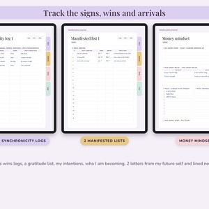Puede incluir: Tres p&aacute;ginas de diario digital con bordes negros y pesta&ntilde;as laterales de colores. Las p&aacute;ginas se titulan Synchronicity log 1, Manifested list 1 y Money mindset. Cada p&aacute;gina contiene tablas estructuradas, secciones con l&iacute;neas y campos de texto para realizar un seguimiento de objetivos personales, se&ntilde;ales y creencias financieras.