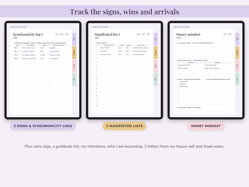 Puede incluir: Tres p&aacute;ginas de diario digital con bordes negros y pesta&ntilde;as laterales de colores. Las p&aacute;ginas se titulan Synchronicity log 1, Manifested list 1 y Money mindset. Cada p&aacute;gina contiene tablas estructuradas, secciones con l&iacute;neas y campos de texto para realizar un seguimiento de objetivos personales, se&ntilde;ales y creencias financieras.