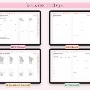 May include: A digital planner interface displaying four distinct pages titled Glow up goals, Vision board, Glow up checklist, and Outfit planner 1. Each page features organized sections, checkboxes, and grid layouts for tracking personal progress and style.