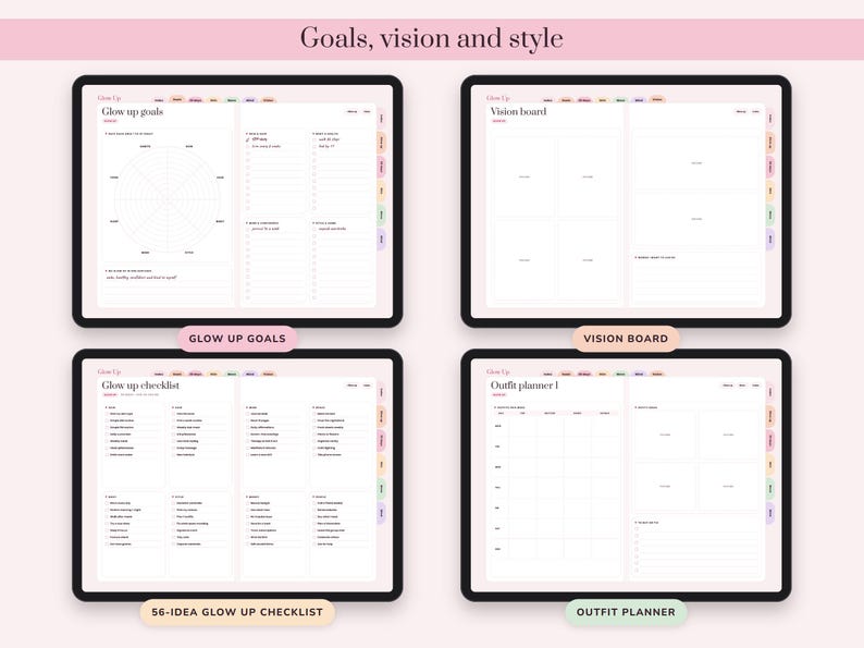 May include: A digital planner interface displaying four distinct pages titled Glow up goals, Vision board, Glow up checklist, and Outfit planner 1. Each page features organized sections, checkboxes, and grid layouts for tracking personal progress and style.