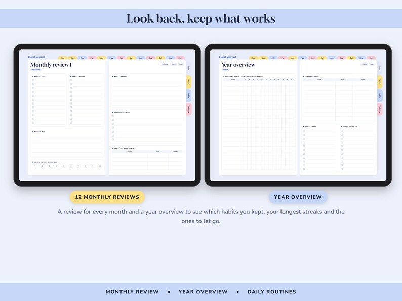 May include: A digital habit journal displayed on two screens, featuring a Monthly Review page with checklists and a Year Overview page with a grid. The interface includes colorful side tabs, navigation menus, and the text Look back, keep what works.