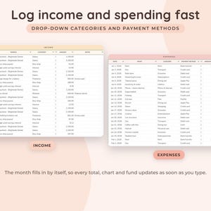 May include: A digital financial tracker template featuring two tables labeled Income and Expenses. The text reads Log income and spending fast, Drop-down categories and payment methods, and The month fills in by itself, so every total, chart and fund updates as soon as you type.