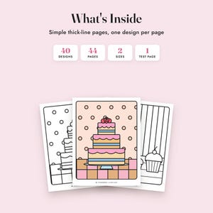 Livro de colorir simples e divertido: Doces Deliciosos, 40 páginas para imprimir, PDF com desenhos simples de comida para colorir imagem 2