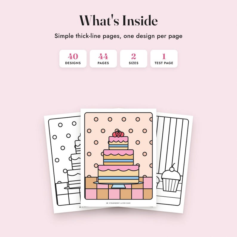 Livro de colorir simples e divertido: Doces Deliciosos, 40 páginas para imprimir, PDF com desenhos simples de comida para colorir imagem 2