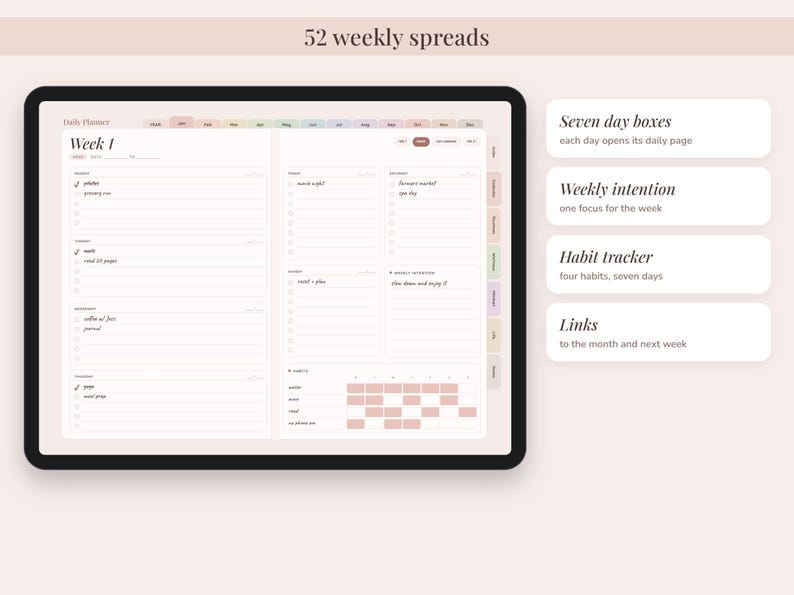 May include: A digital planner displayed on a tablet screen featuring 52 weekly spreads. The layout includes seven day boxes, a weekly intention section, a habit tracker for four habits over seven days, and navigation links to months and weeks.