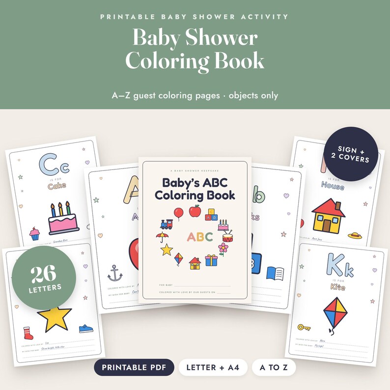 Baby Shower Coloring Book, ABC Guest Activity, Alphabet Coloring Pages, Keepsake Printable image 1
