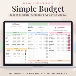 Simple Budget Spreadsheet for Google Sheets, Monthly Paycheck Planner, Biweekly Weekly Expense Tracker Template image 1