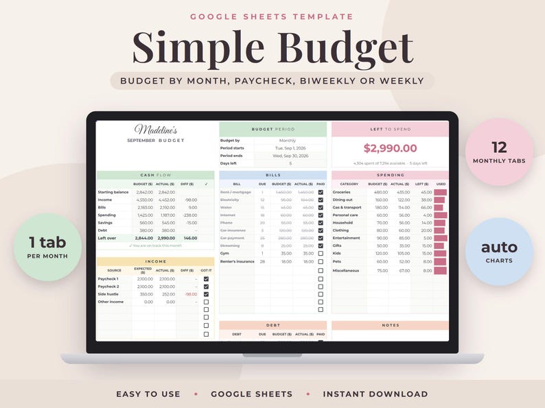 Simple Budget Spreadsheet for Google Sheets, Monthly Paycheck Planner, Biweekly Weekly Expense Tracker Template image 1