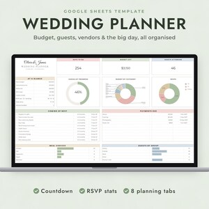 Wedding Planner Spreadsheet Google Sheets, Guest List RSVP Tracker, Seating Chart, Checklist, Sage Design image 1