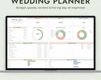 May include: A Google Sheets wedding planner template displayed on a laptop screen. The dashboard features sections for budget, guest lists, RSVP status, and a checklist with progress charts, countdowns, and payment schedules in a soft color palette.