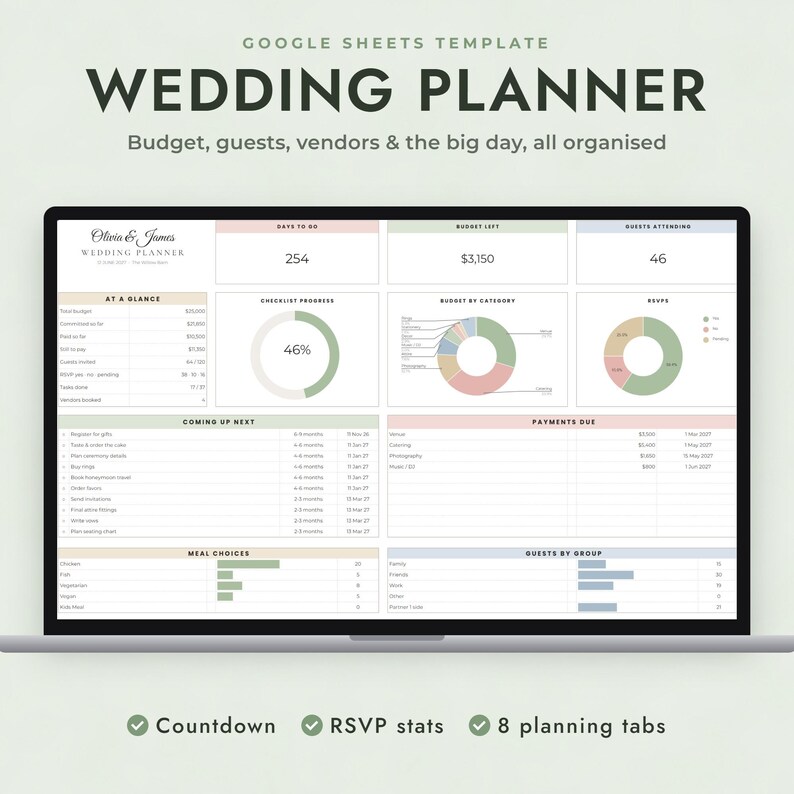 Wedding Planner Spreadsheet Google Sheets, Guest List RSVP Tracker, Seating Chart, Checklist, Sage Design image 1