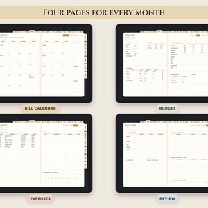 May include: A digital planner displayed on four screens, each showing different layouts for March and January. The pages include a monthly calendar, bill calendar, budget tracker, expense log, and a monthly review section with tabs on the side.