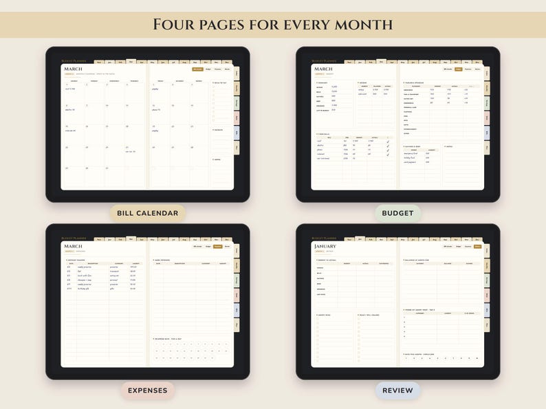 May include: A digital planner displayed on four screens, each showing different layouts for March and January. The pages include a monthly calendar, bill calendar, budget tracker, expense log, and a monthly review section with tabs on the side.