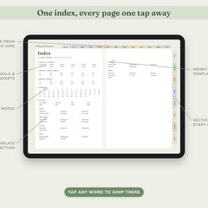 May include: A digital planner displayed on a tablet screen showing an index page with text labels. The interface features month tabs from July to June, section tabs, and lists for calendars, goals, habits, budgets, and templates. Text reads: One index, every page one tap away.