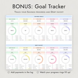 May include: A digital goal tracker template featuring sections for savings goals and debt payoff. The layout includes progress rings, tables for financial data, and text headers like BONUS: Goal Tracker and Track your Savings progress and Debt payoff.