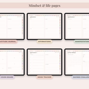 May include: Six digital tablet screens displaying mindset and life planner pages. The layouts include Gratitude journal, Affirmations, Manifestation, Vision board, Mood tracker, and Savings challenge. Each page features a clean, lined, or grid structure.