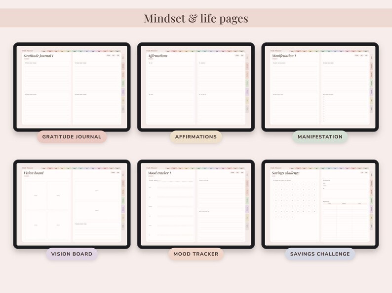 May include: Six digital tablet screens displaying mindset and life planner pages. The layouts include Gratitude journal, Affirmations, Manifestation, Vision board, Mood tracker, and Savings challenge. Each page features a clean, lined, or grid structure.