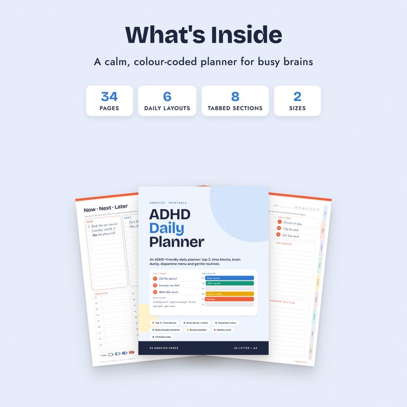 Planer ADHD do druku, niedatowany planer dzienny, blokowanie czasu, zrzut pamięci, menu dopaminowe, rutyny zdjęcie 2